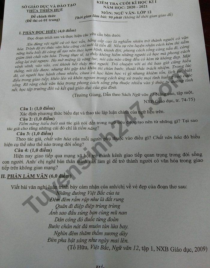 De thi hoc ki 1 nam 2020 So GD Thua Thien Hue mon Van lop 12
