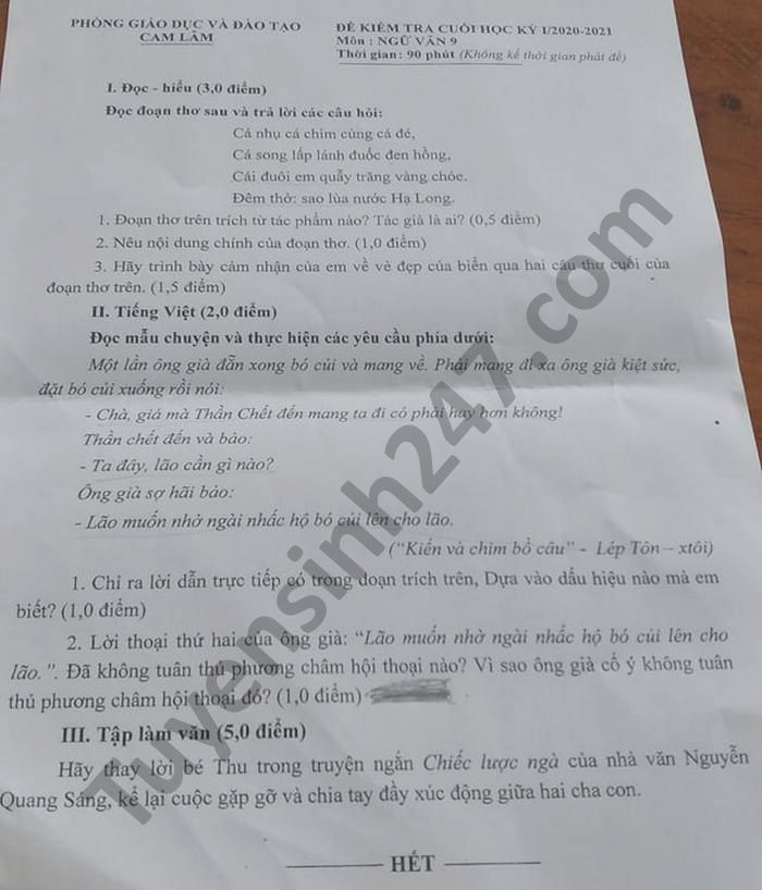 De thi hoc ki 1 Van lop 9 Phong GD Cam Lam nam 2020