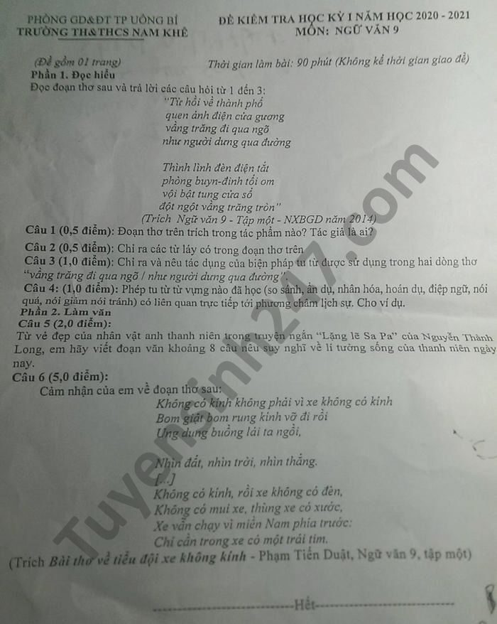 De thi hoc ki 1 nam 2020 TH-THCS Nam Khe mon Van lop 9