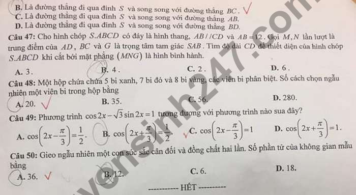 De thi hoc ki 1 mon Toan lop 11 THPT Chuyen Nguyen Hue 2020