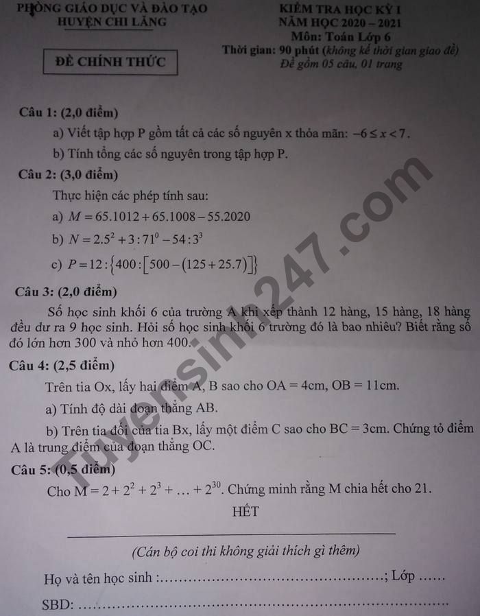 De thi hoc ki 1 nam 2020 Phong GD huyen Chi Lang mon Toan lop 6