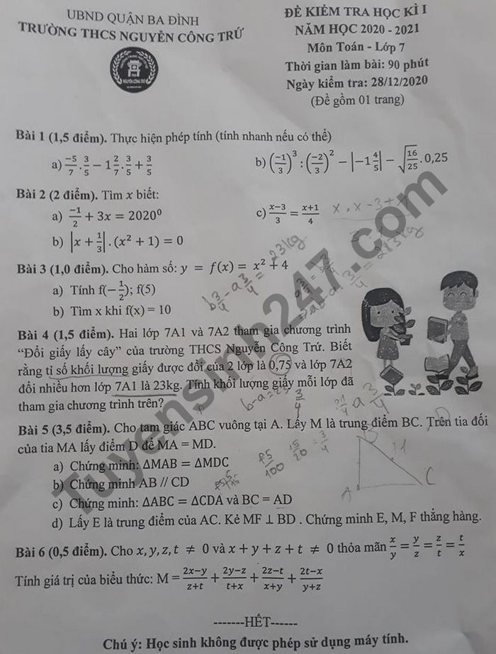 De thi hoc ki 1 mon Toan lop 7 THCS Nguyen Cong Tru nam 2020
