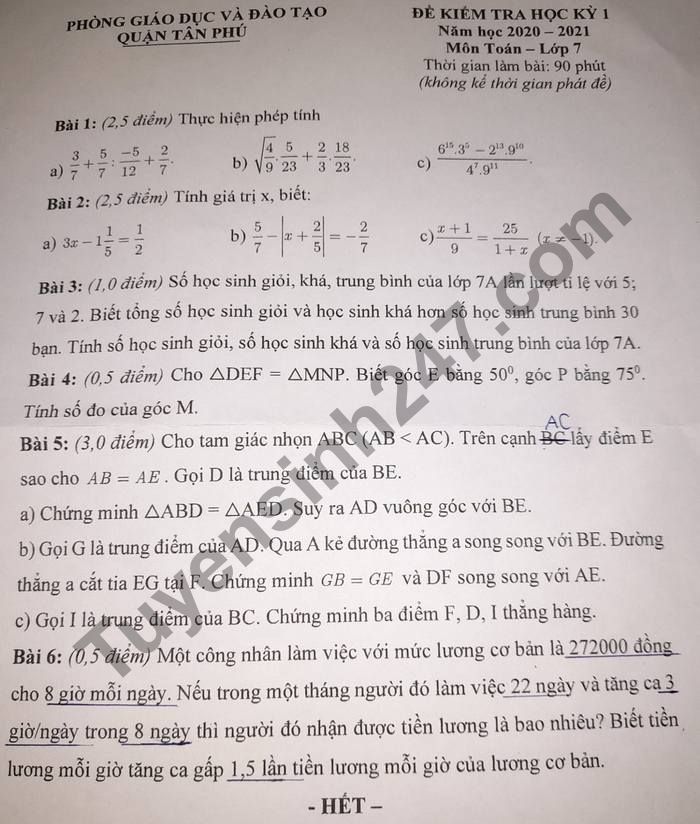 De thi hoc ki 1 nam 2020 Phong GD Quan Tan Phu lop 7 mon Toan
