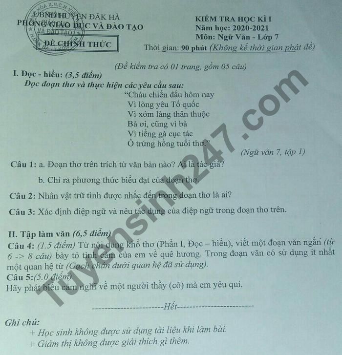 De thi hoc ki 1 nam 2020 mon Van lop 7 Phong GD huyen Dak Ha
