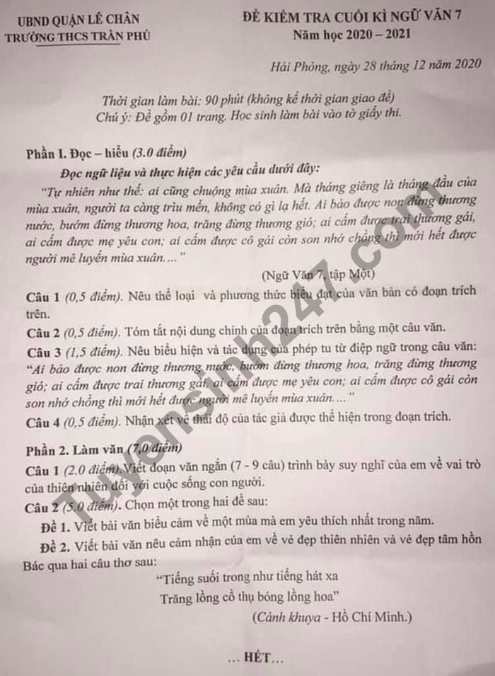 De thi hoc ki 1 mon Van lop 7 nam 2020 Truong THCS Tran Phu
