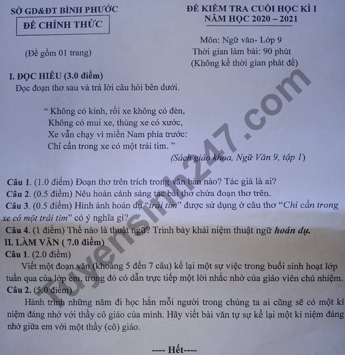 De thi hoc ki 1 nam 2020 So GD Binh Phuoc mon Van lop 9