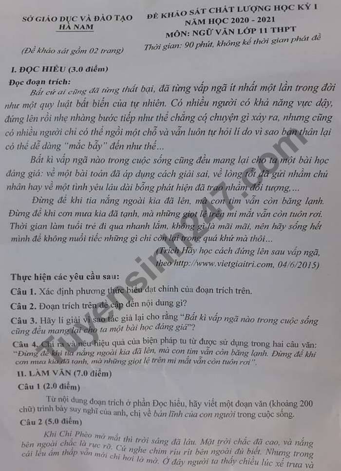 De thi hoc ki 1 nam 2020 So GD Ha Nam mon Van lop 11