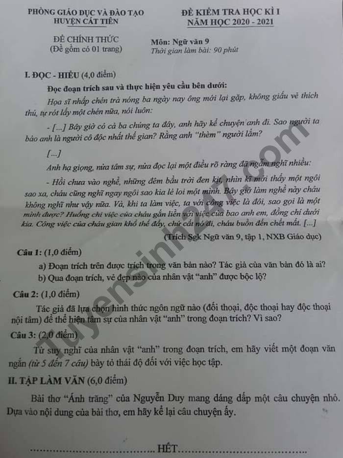 De thi hoc ki 1 Phong GD huyen Cat Tien mon Van lop 9 nam 2020