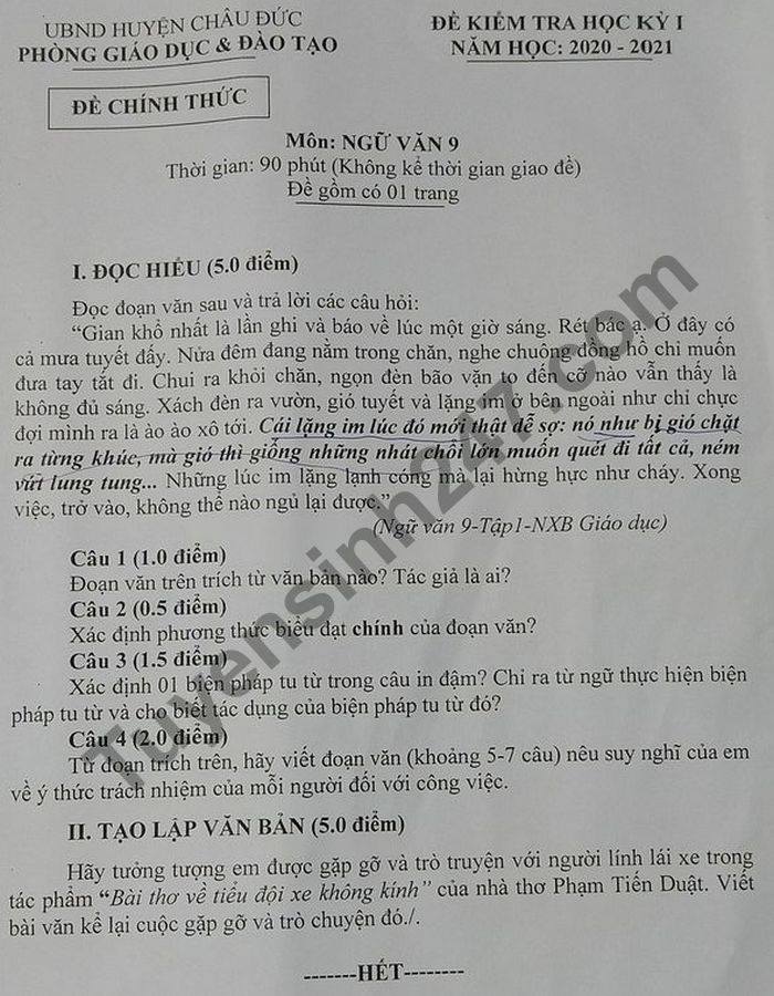 De thi hoc ki 1 huyen Chau Duc mon Van lop 9 nam 2020