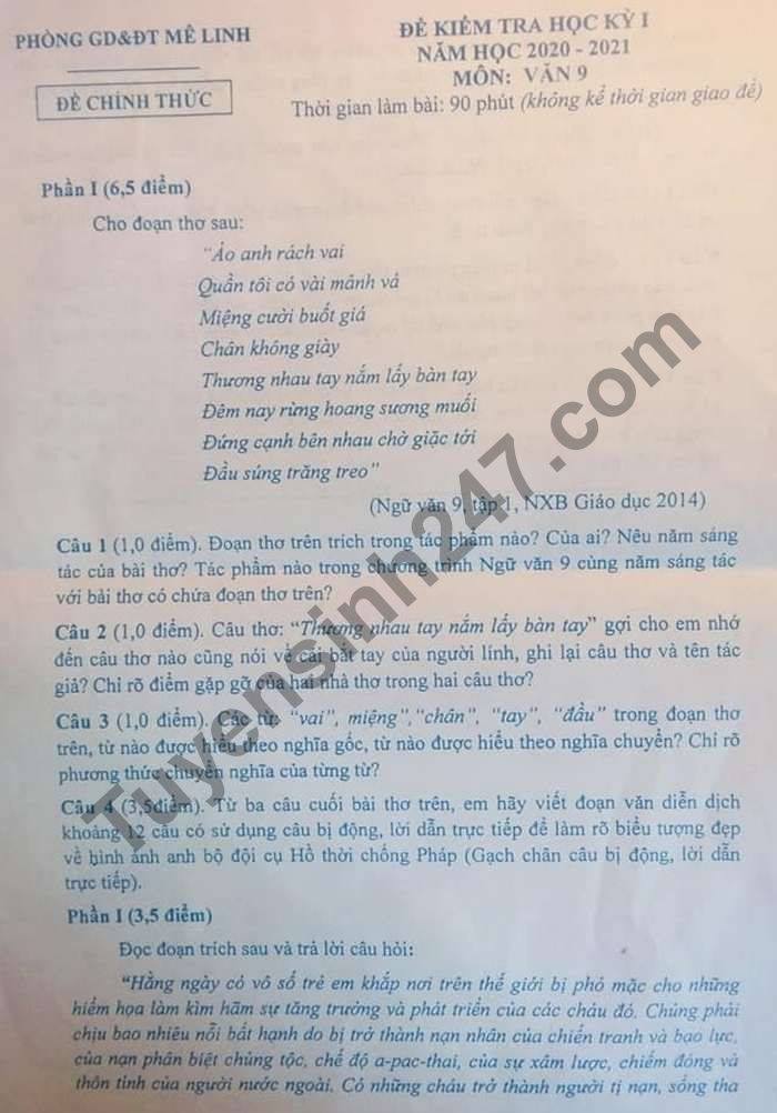 De thi hoc ki 1 nam 2020 mon Van lop 9 Phong GD Me Linh