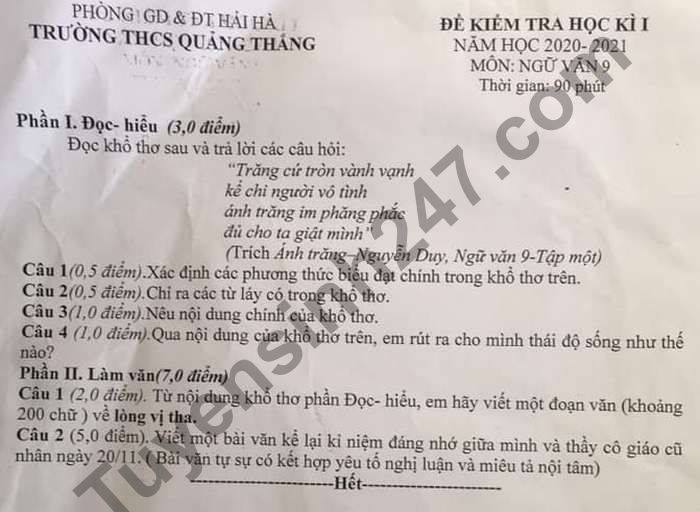 De thi hoc ki 1 THCS Quang Thang mon Van lop 9 nam 2020