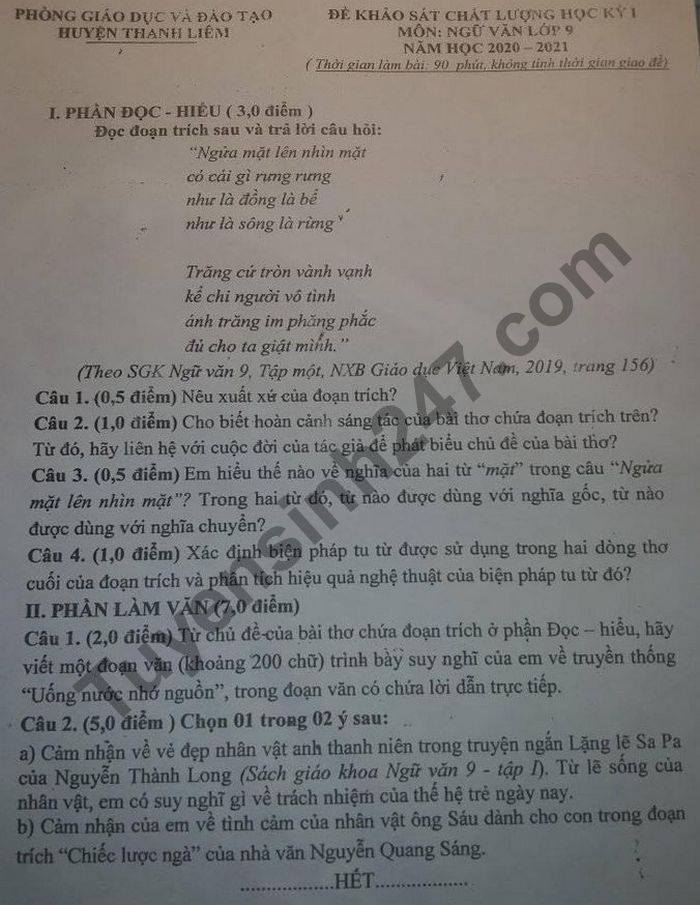 De thi hoc ki 1 mon Van lop 9 nam 2020 Phong GD huyen Thanh Liem
