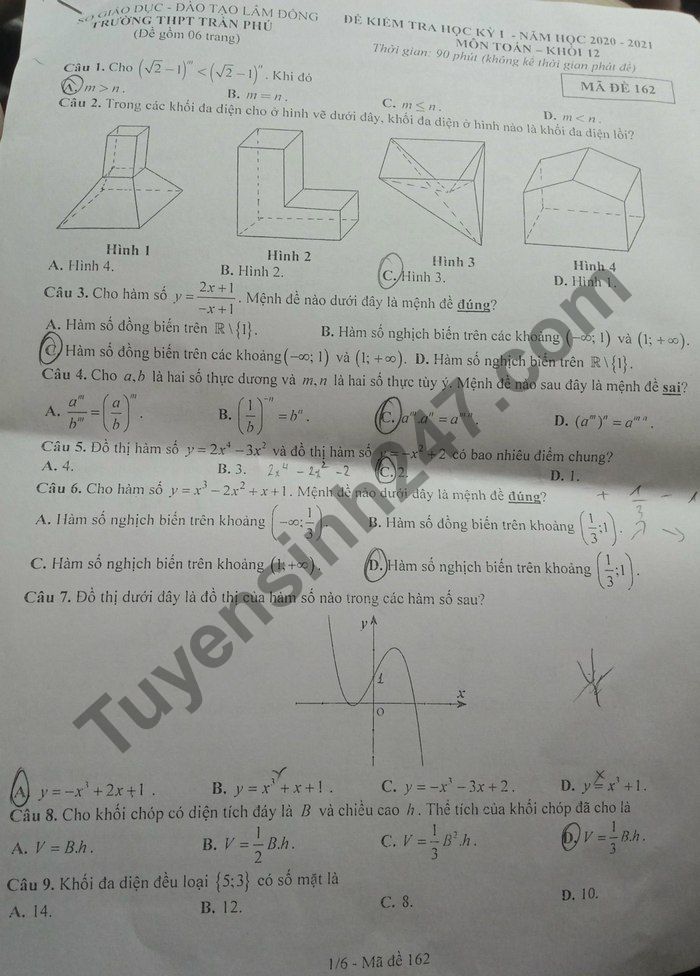 De thi hoc ki 1 nam 2020 THPT Tran Phu mon Toan lop 12