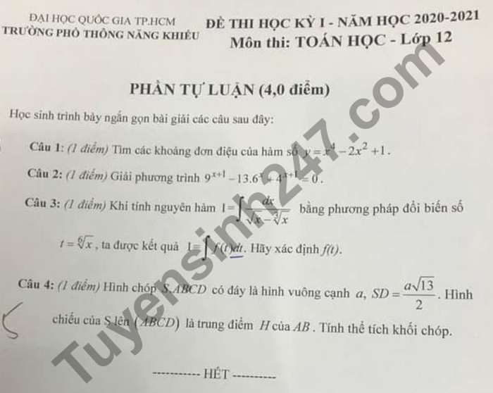 De thi hoc ki 1 nam 2020 mon Toan lop 12 Truong PT Nang Khieu