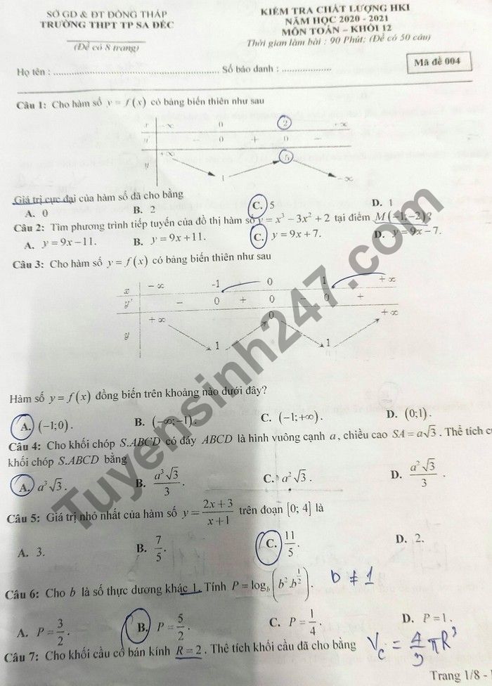 De thi hoc ki 1 mon Toan lop 12 THPT TP Sa Dec nam 2020
