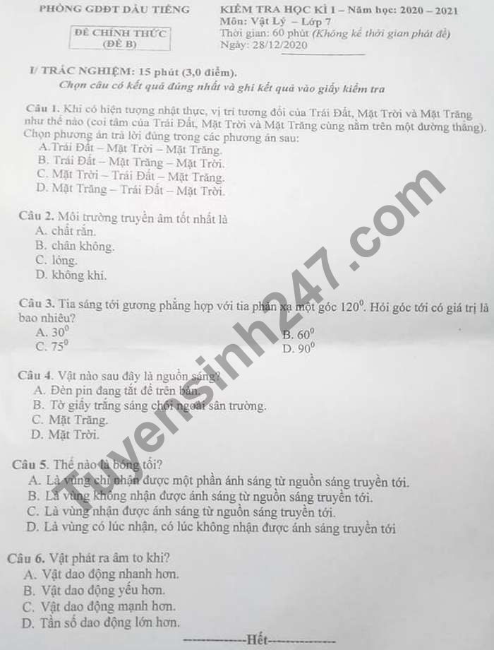 De thi hoc ki 1 lop 7 mon Ly Phong GD Dau Tieng 2020