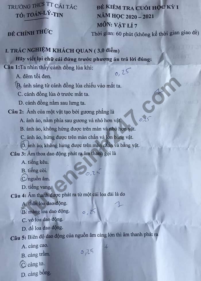 De thi hoc ki 1 mon Ly lop 7 THCS TT Cai Tac nam 2020