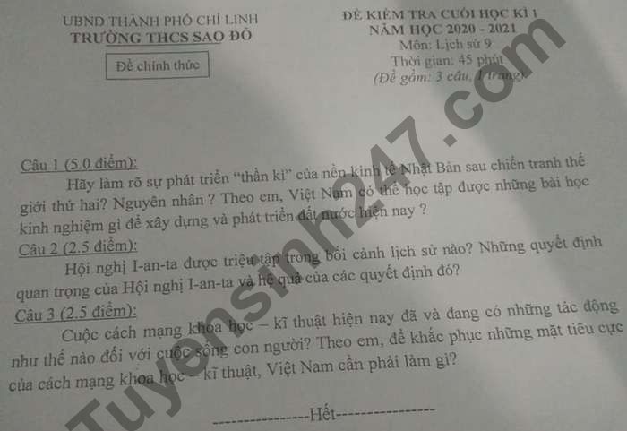 De thi hoc ki 1 lop 9 mon Su Truong THCS Sao Do nam 2020