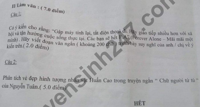 De thi hoc ki 1 mon Van lop 11 THPT Hoa Da nam 2020