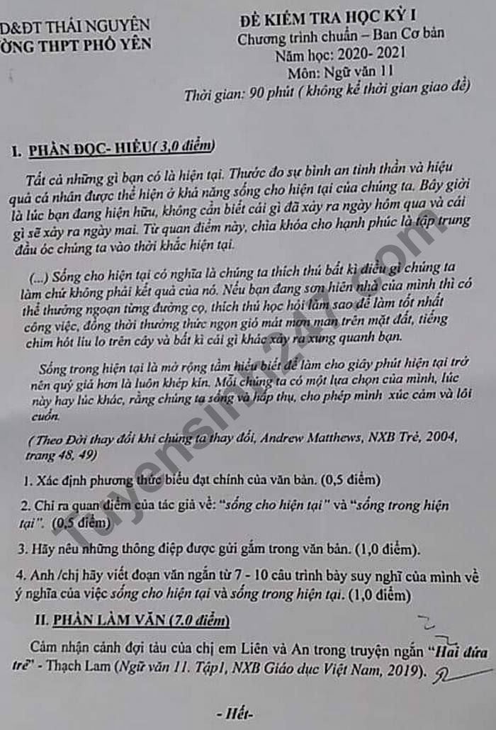 De thi hoc ki 1 nam 2020 mon Van lop 11 THPT Pho Yen