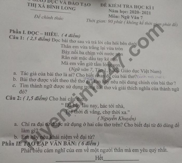 De thi hoc ki 1 mon Van lop 7 nam 2020 Thi xa Binh Long