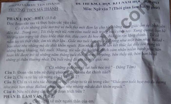 De thi hoc ki 1 nam 2020 THCS Ma Thanh mon Van lop 7