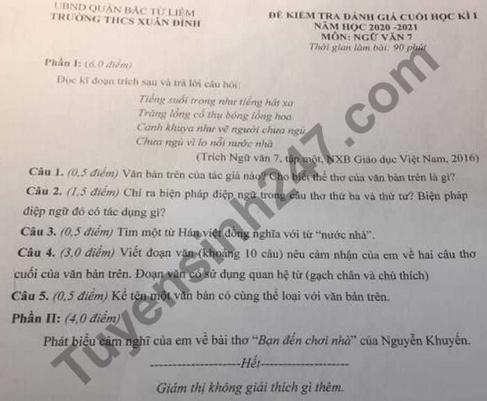 De thi hoc ki 1 nam 2020 mon Van lop 7 THCS Xuan Dinh