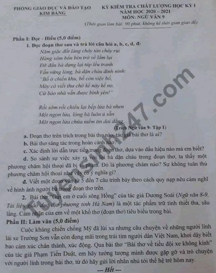 De thi hoc ki 1 nam 2020 Phong GD Kim Bang mon Van lop 9