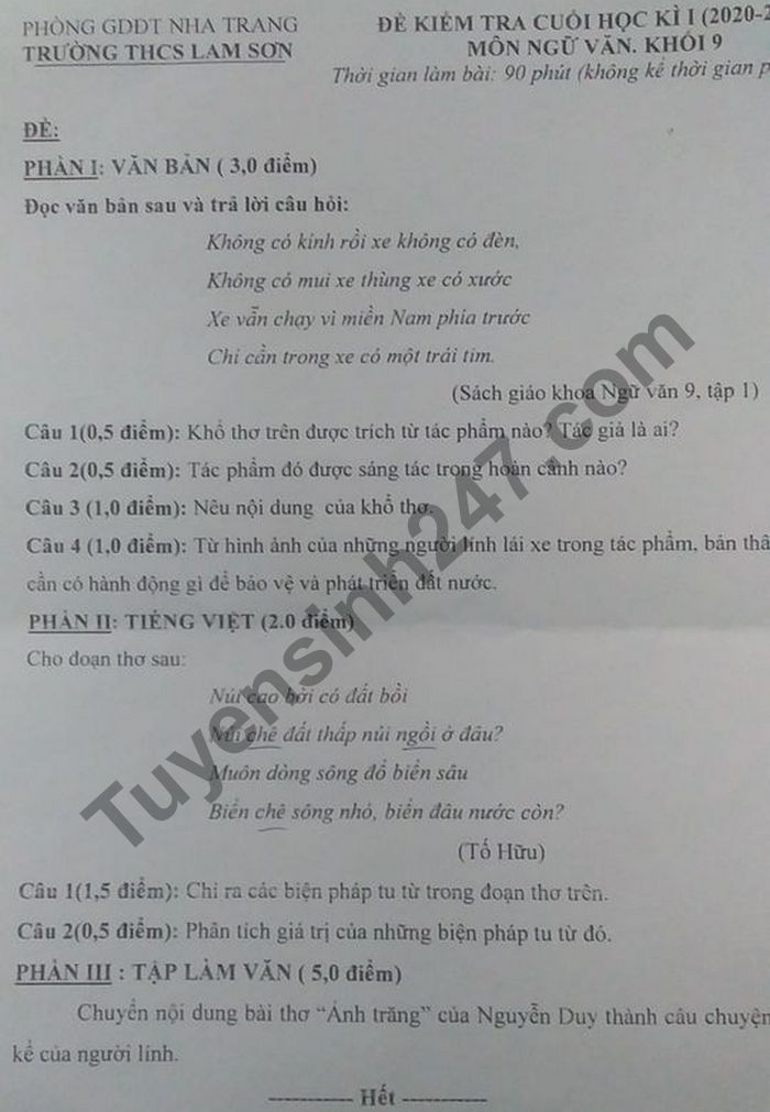 De thi hoc ki 1 mon Van lop 9 nam 2020 THCS Lam Son