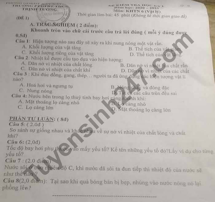 De thi hoc ki 1 mon Ly lop 6 PTDTBT THCS Trinh Tuong 2020