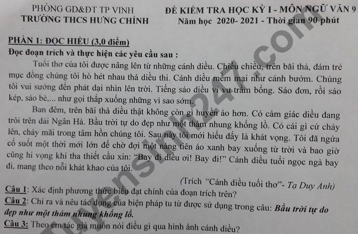 De thi hoc ki 1 Van lop 9 THCS Hung Chinh nam 2020