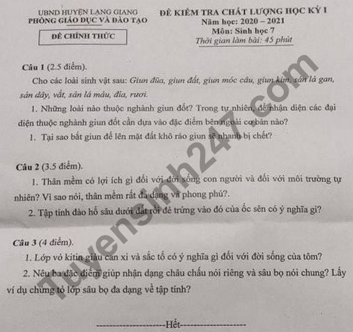 De thi hoc ki 1 mon Sinh lop 7 huyen Lang Giang nam 2020