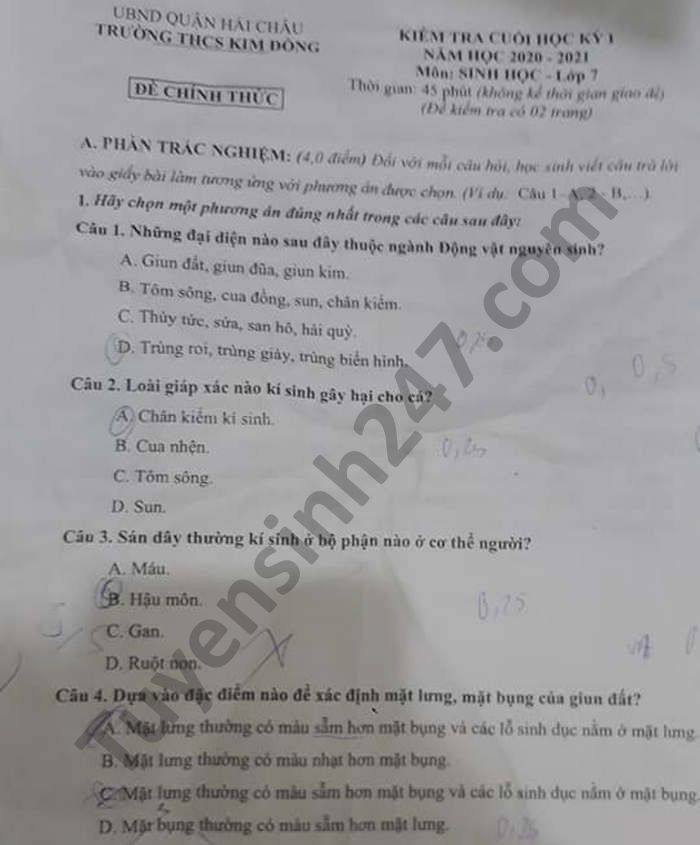 De thi hoc ki 1 THCS Kim Dong mon Sinh lop 7 nam 2020