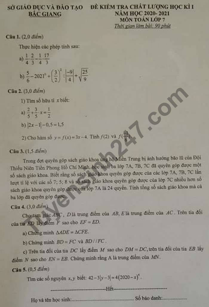 De thi hoc ki 1 Toan lop 7 So GD Bac Giang nam 2020