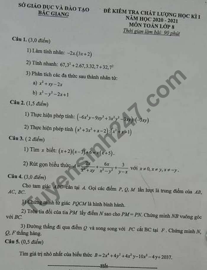 De thi hoc ki 1 nam 2020 mon Toan lop 8 So GD Bac Giang