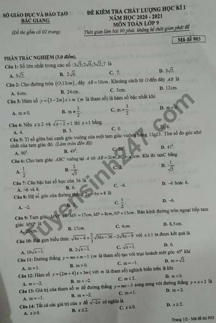 De thi hoc ki 1 So GD Bac Giang Toan lop 9 nam 2020