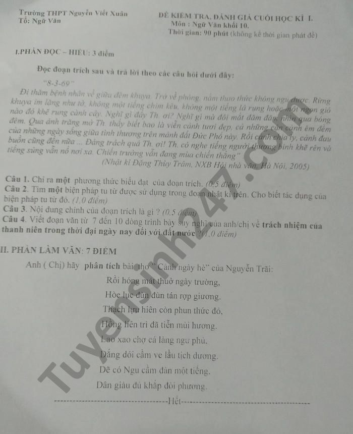 De thi hoc ki 1 nam 2020 mon Van lop 10 THPT Nguyen Viet Xuan