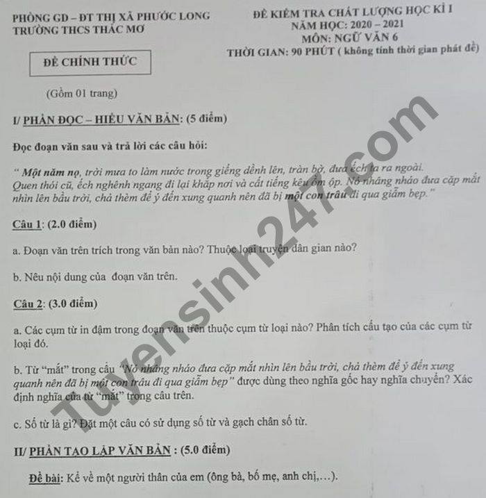 De thi hoc ki 1 nam 2020 THCS Thac Mo mon Van lop 6