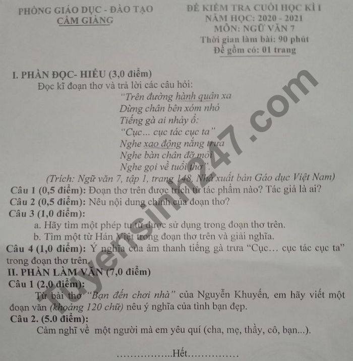 De thi hoc ki 1 huyen Cam Giang mon Van lop 7 nam 2020
