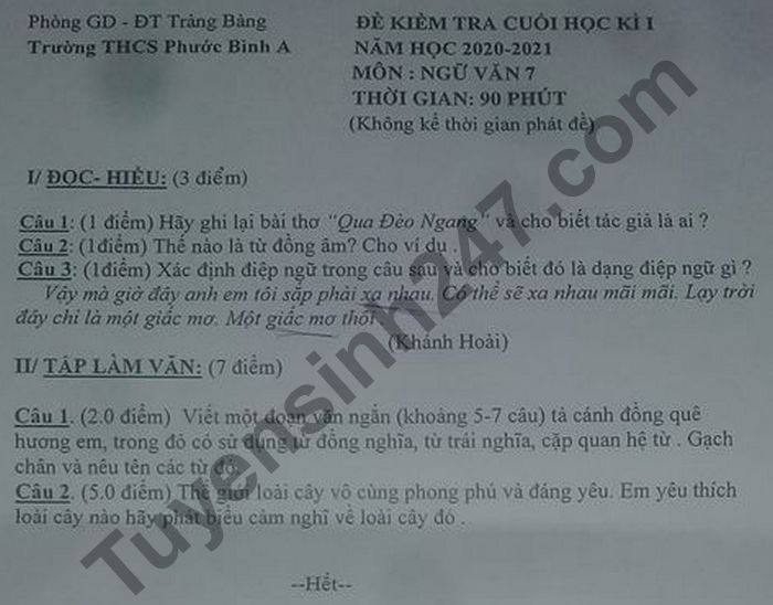 De thi hoc ki 1 mon Van lop 7 THCS Phuoc Binh A nam 2020