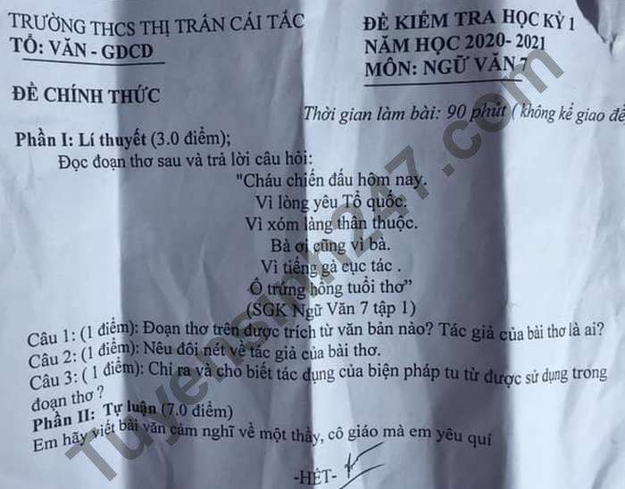 De thi hoc ki 1 THCS Thi tran Cai Tac mon Van lop 7 nam 2020