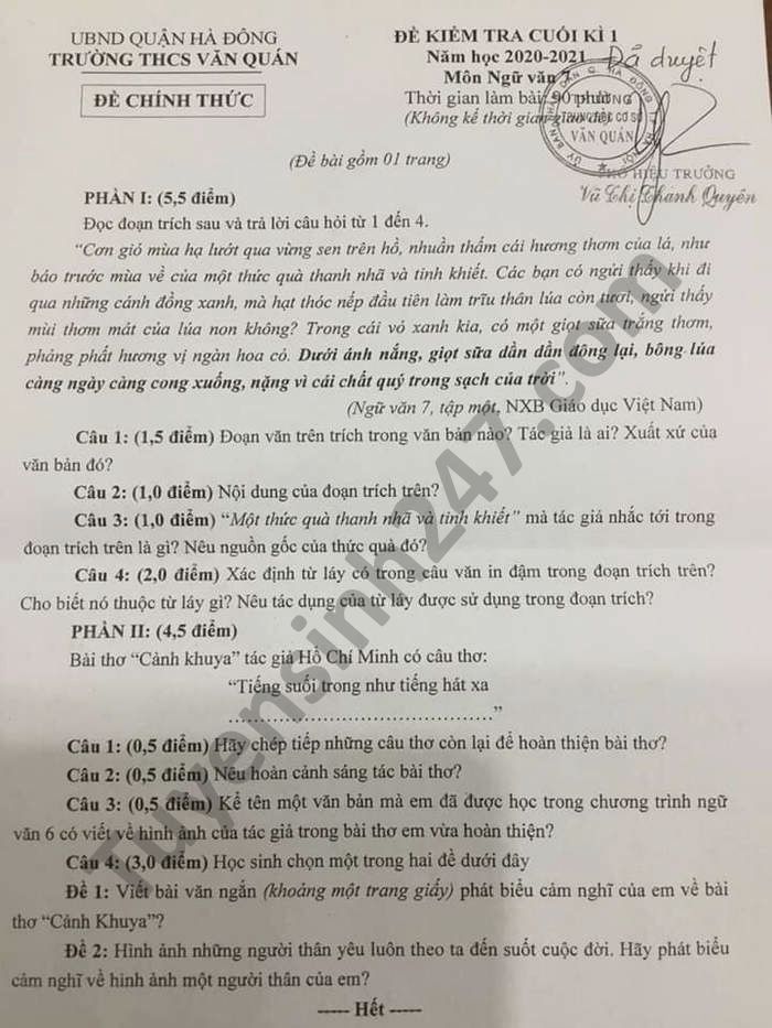 De thi hoc ki 1 mon Van lop 7 THCS Van Quan nam 2020