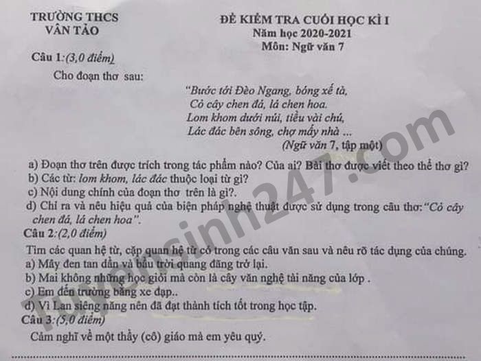 De thi hoc ki 1 mon Van lop 7 THCS Van Tao nam 2020