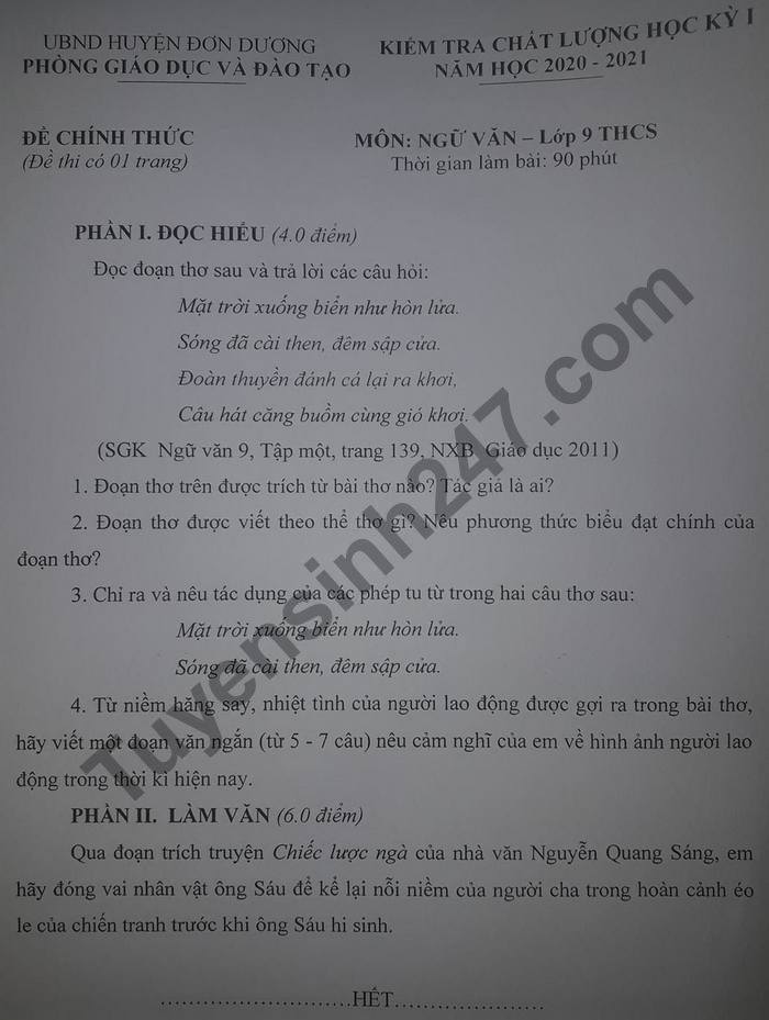 De thi hoc ki 1 mon Van lop 9 huyen Don Duong nam 2020
