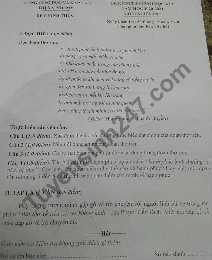 De thi hoc ki 1 lop 9 mon Van Phong GD TX Phu My nam 2020
