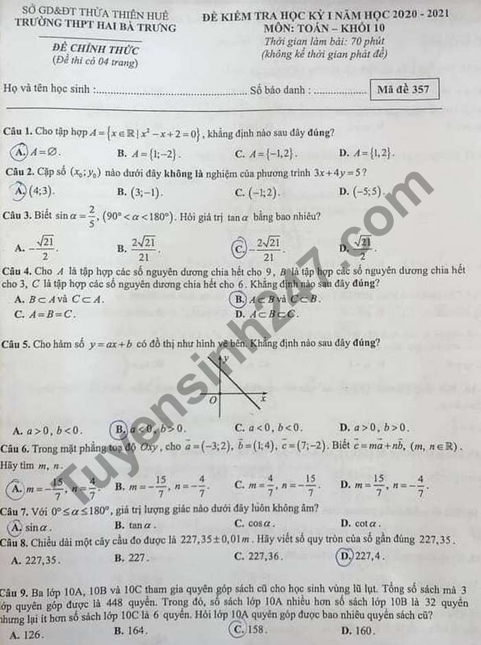 De thi hoc ki 1 nam 2020 THPT Hai Ba Trung mon Toan lop 10