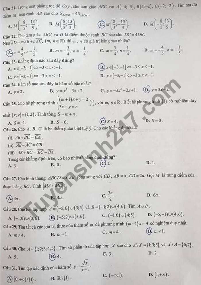 De thi hoc ki 1 nam 2020 THPT Hai Ba Trung mon Toan lop 10