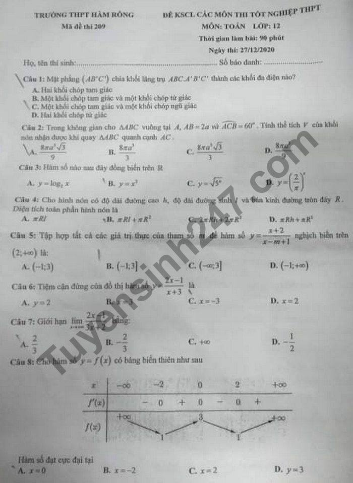 De thi thu tot nghiep THPT Toan lop 12 THPT Ham Rong nam 2021