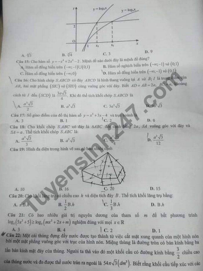 De thi thu tot nghiep THPT Toan lop 12 THPT Ham Rong nam 2021