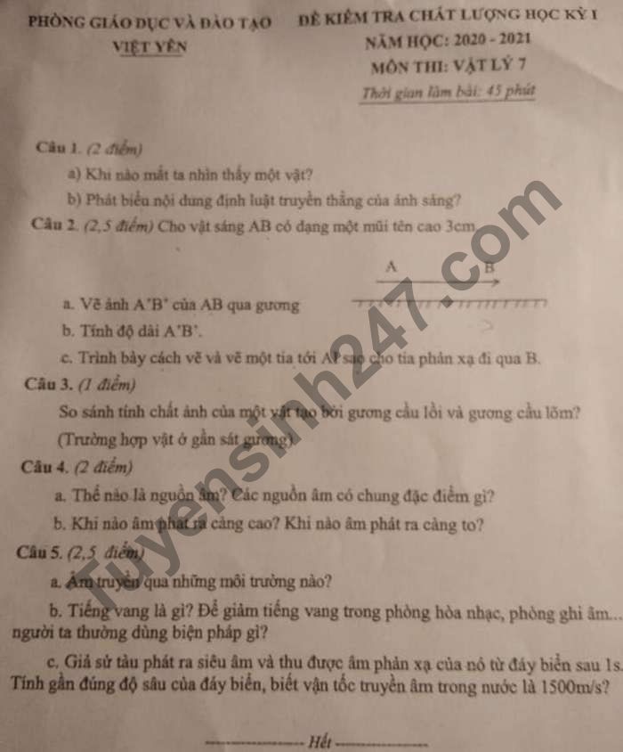 De thi hoc ki 1 nam 2020 Phong GD Viet Yen mon Ly lop 7